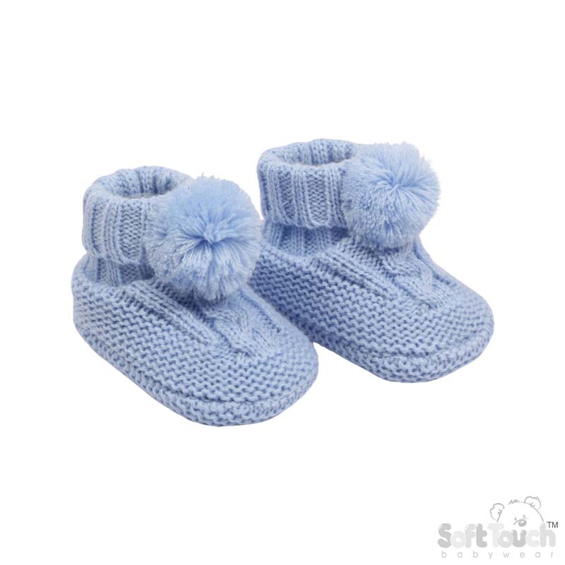 Blue 'Elegance' Cable Knit  Bootees w/Pom Pom : ABO12-B