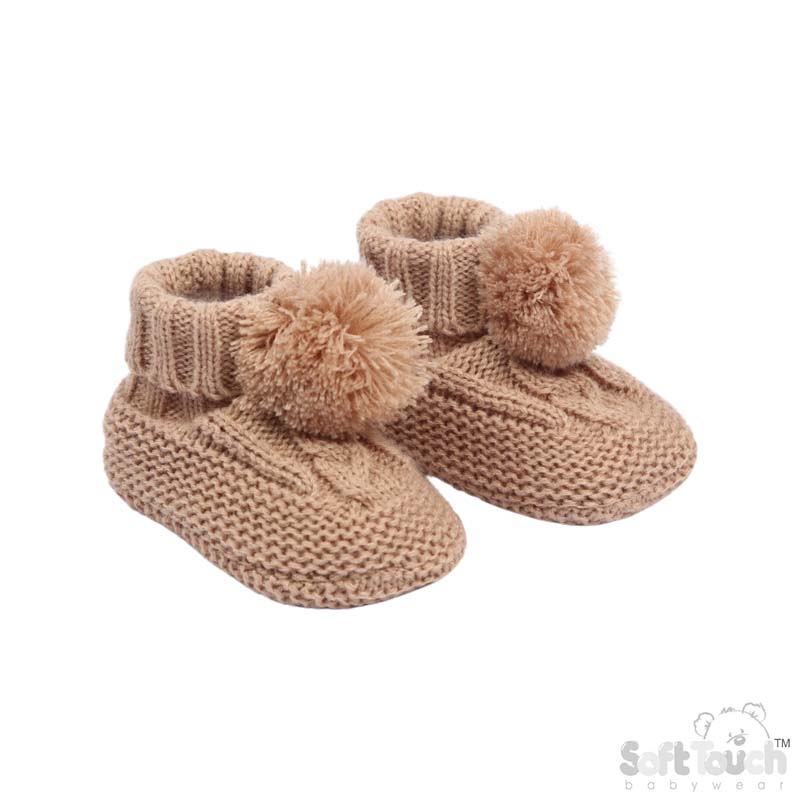 Coffee 'Elegance' Cable Knit  Bootees w/Pom Pom : ABO12-COF