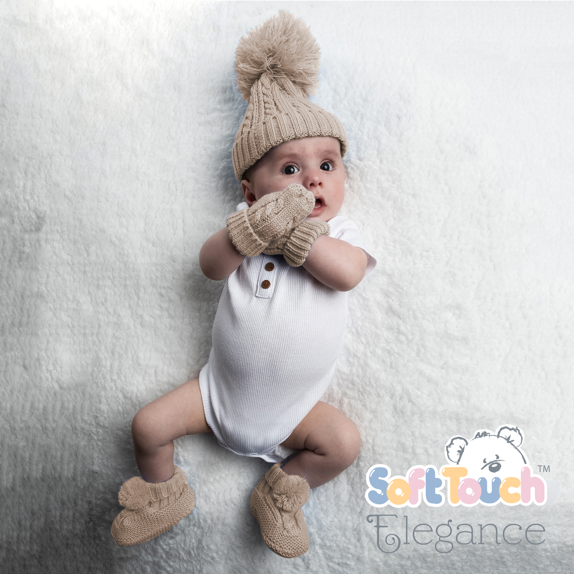 Coffee 'Elegance' Cable Knit  Bootees w/Pom Pom : ABO12-COF