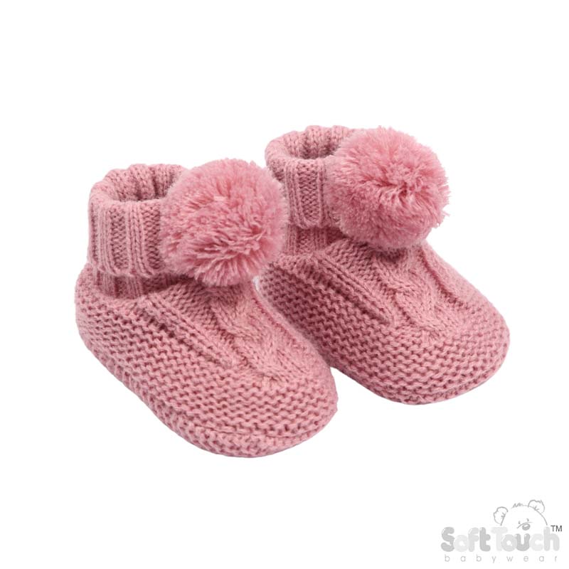 Dusty Pink 'Elegance' Cable Knit  Bootees w/Pom Pom : ABO12-DP