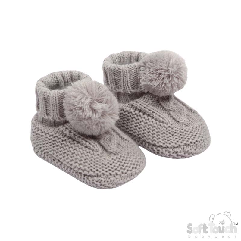 Grey 'Elegance' Cable Knit  Bootees w/Pom Pom : ABO12-G