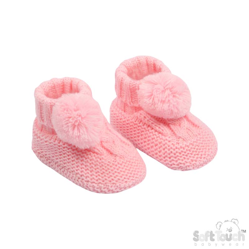 Pink 'Elegance' Cable Knit  Bootees w/Pom Pom : ABO12-P