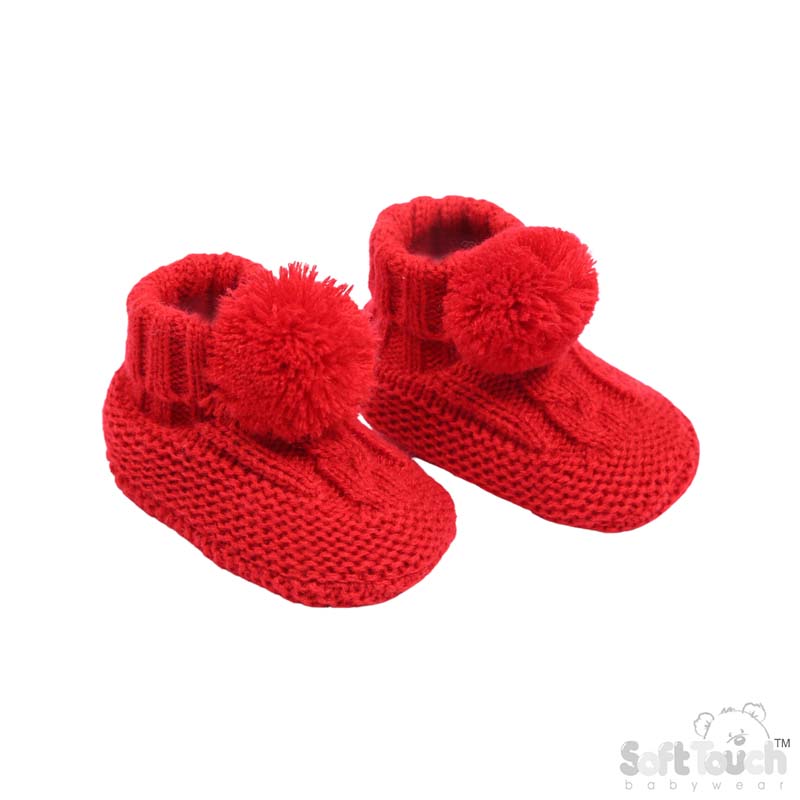 Red 'Elegance' Cable Knit  Bootees w/Pom Pom : ABO12-R