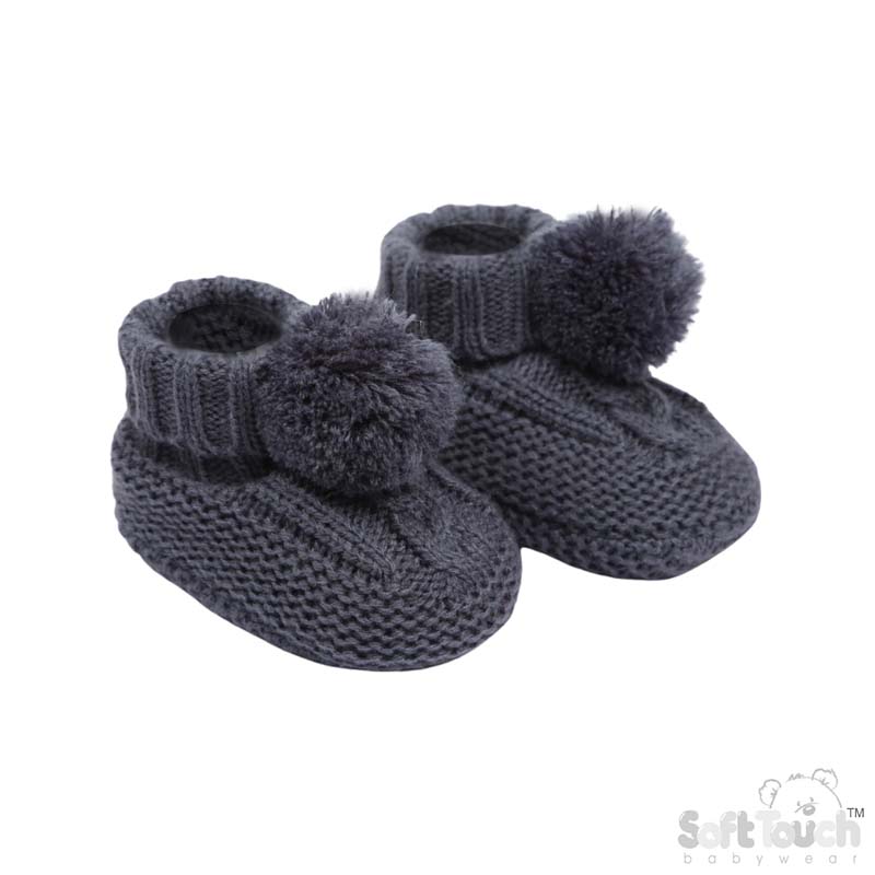 Steel Blue 'Elegance' Cable Knit  Bootees w/Pom Pom : ABO12-SB