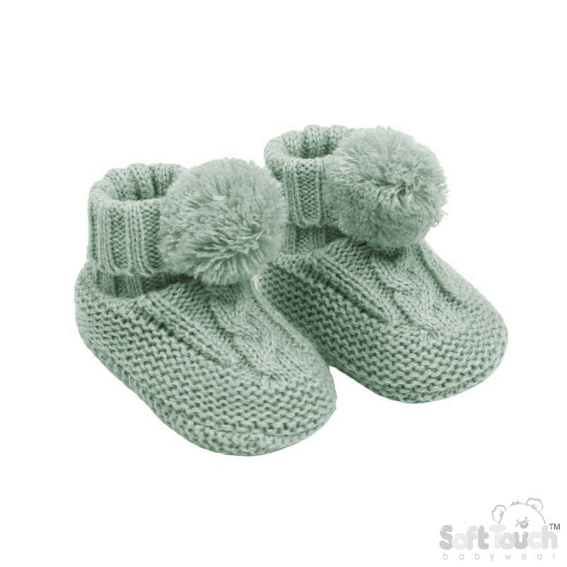 Sage Green 'Elegance' Cable Knit  Bootees w/Pom Pom : ABO12-SG
