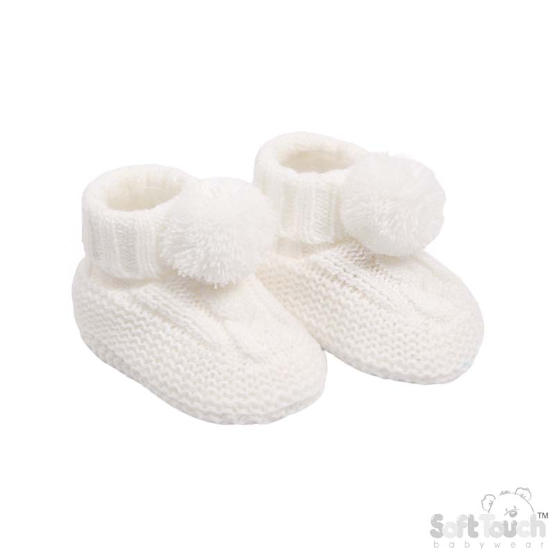 White 'Elegance' Cable Knit  Bootees w/Pom Pom : ABO12-W