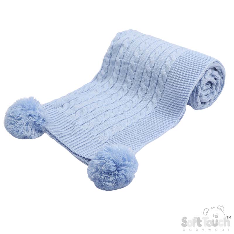 Blue 'Elegance' Cable Knit Wrap w/Pom Pom : ABP12-B