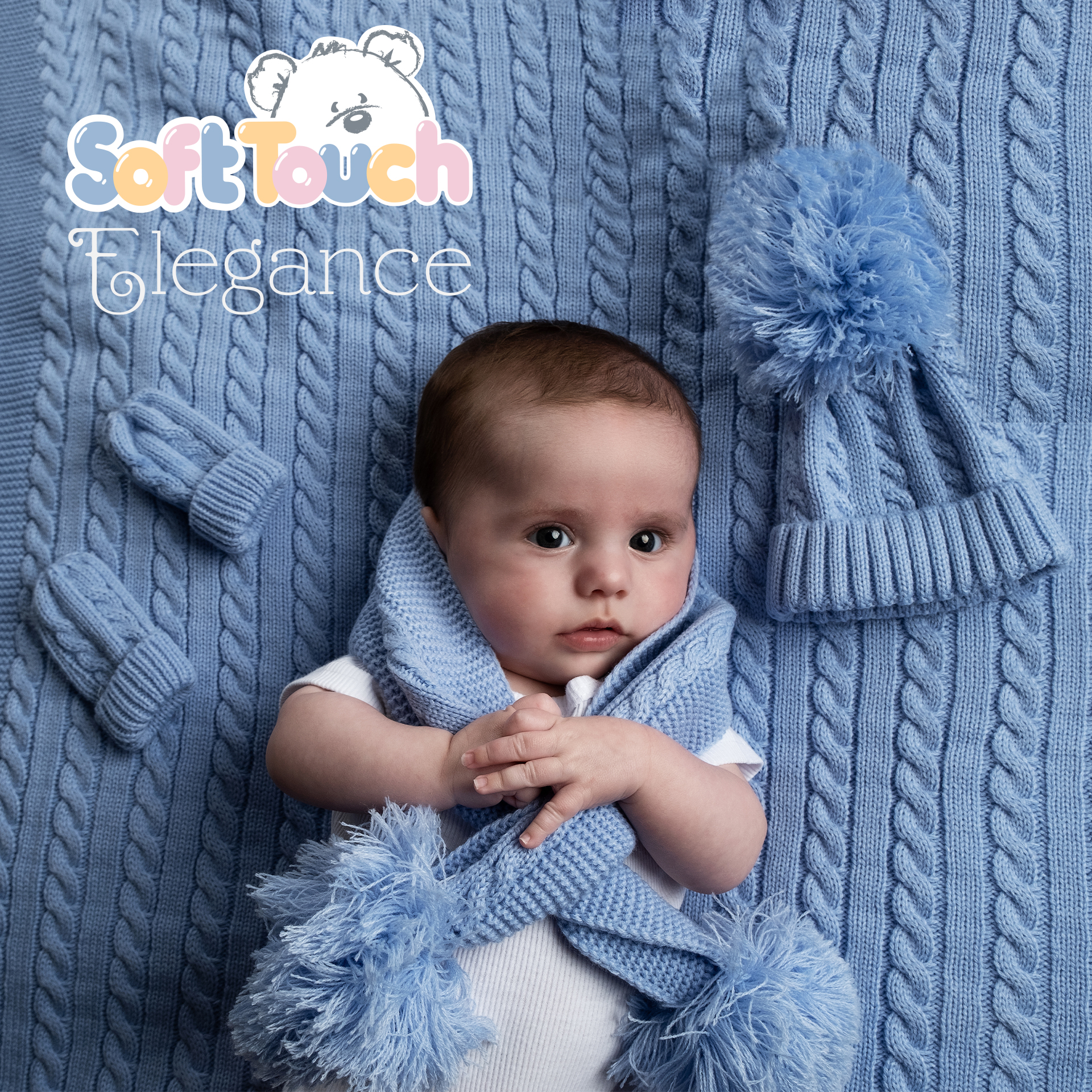 Blue 'Elegance' Cable Knit Wrap w/Pom Pom : ABP12-B