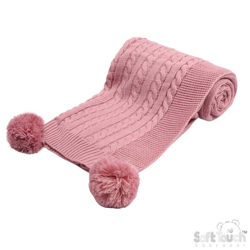 Dusty Pink 'Elegance' Cable Knit Wrap w/Pom Pom : ABP12-DP