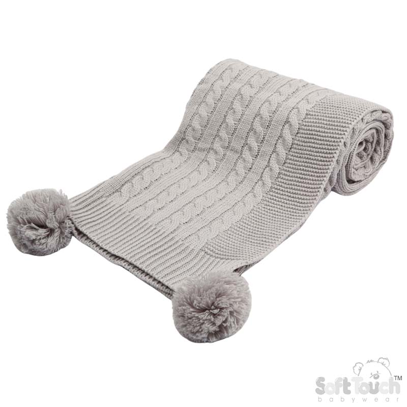 Grey 'Elegance' Cable Knit Wrap w/Pom Pom : ABP12-G