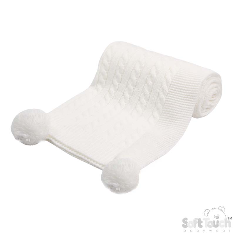White 'Elegance' Cable Knit Wrap w/Pom Pom : ABP12-W