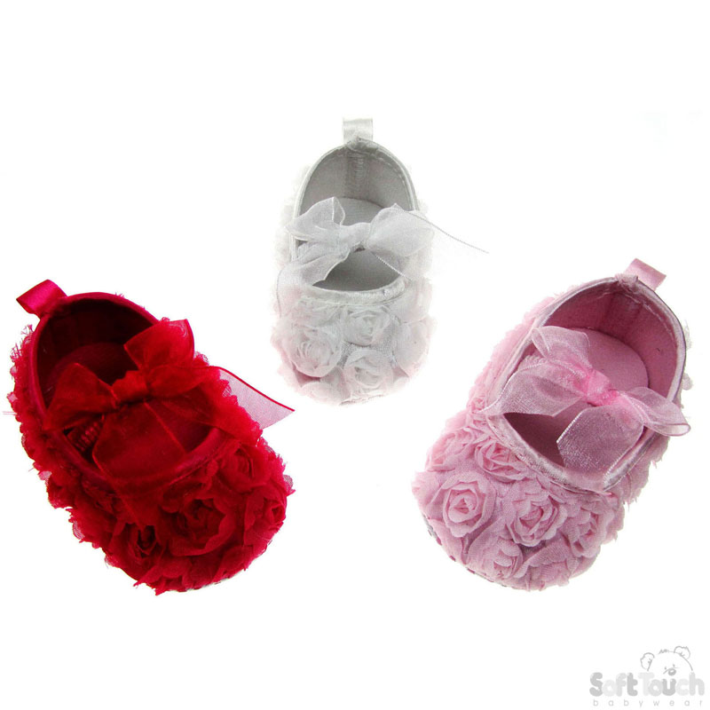 Plain Rose Flower Shoes w/Organza Bow on Elastic Strap: B