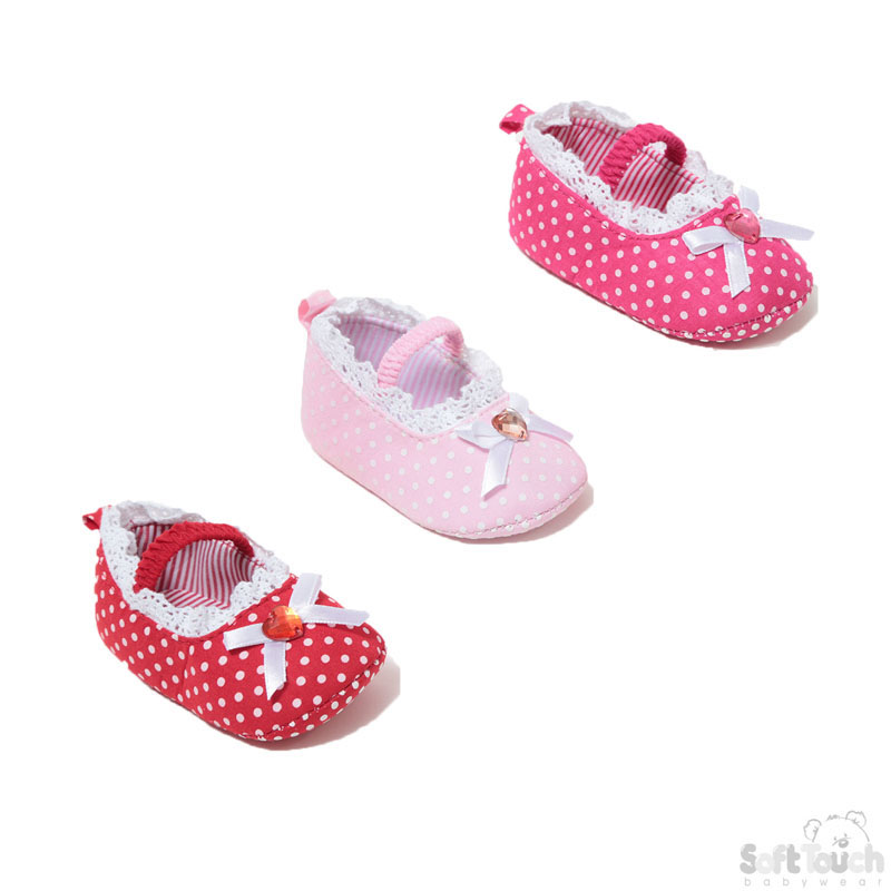 Cotton Polka Dot Shoes W/Bow & Gemstone No.B1345