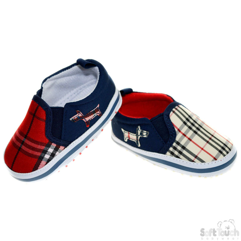 Boys Slip on Shoes w/Tartan Print & Dog Applique: B1379
