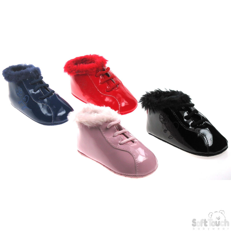 Girls Shiny Shoes w/Fur Neck & Lace Ties: B1509