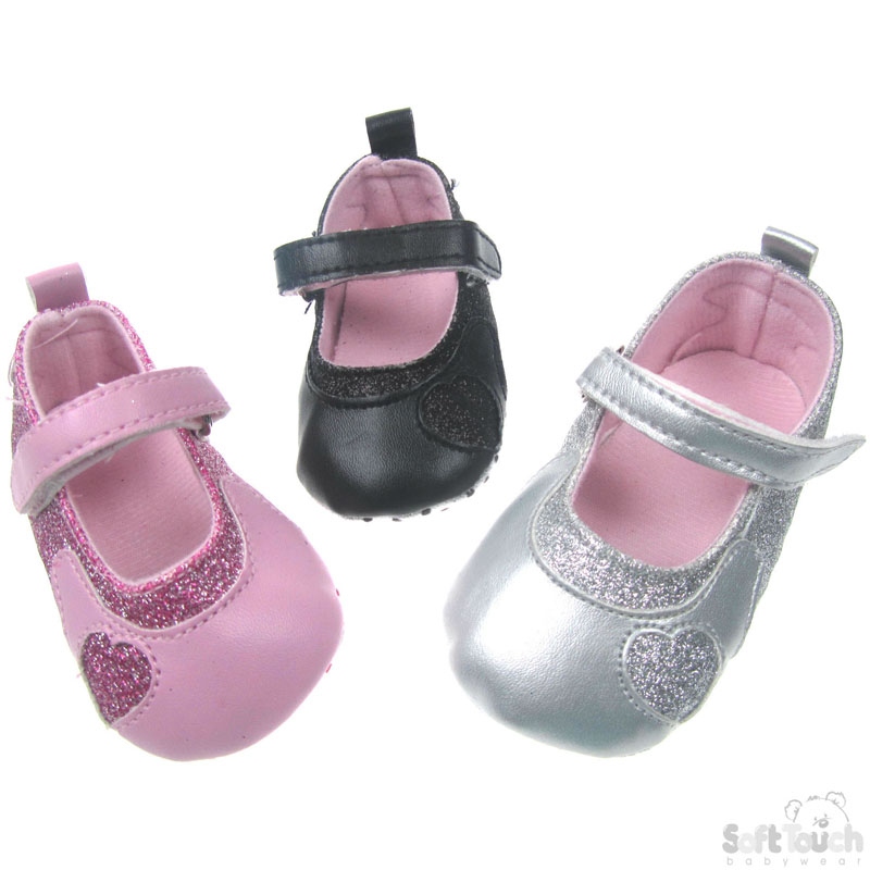 Girls PU Shoes w/Glitter Heart: B1513