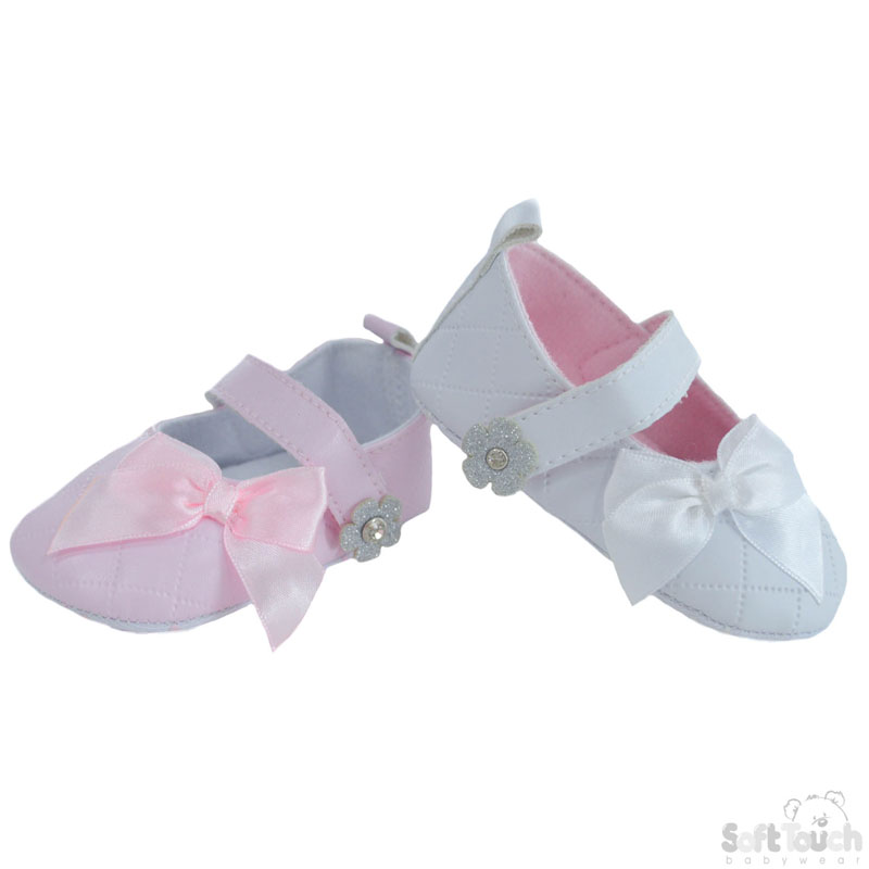 Girls PU Kriss Kross Stitch Shoes w/Satin Bow & Velcro Fa