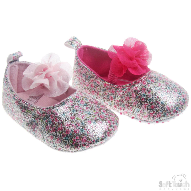 Girls Pink PU Floral Shoes w/Elastic Strap & Chiffon Flow