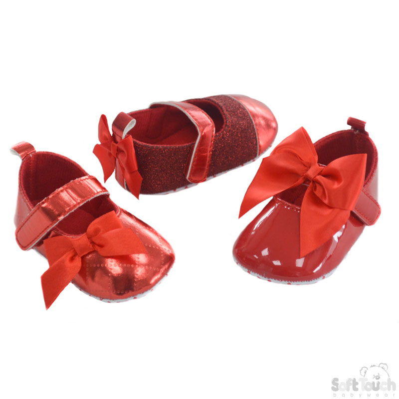 Girls Shiny Red Shoes w/Velcro Strap & Satin Bow: B2186