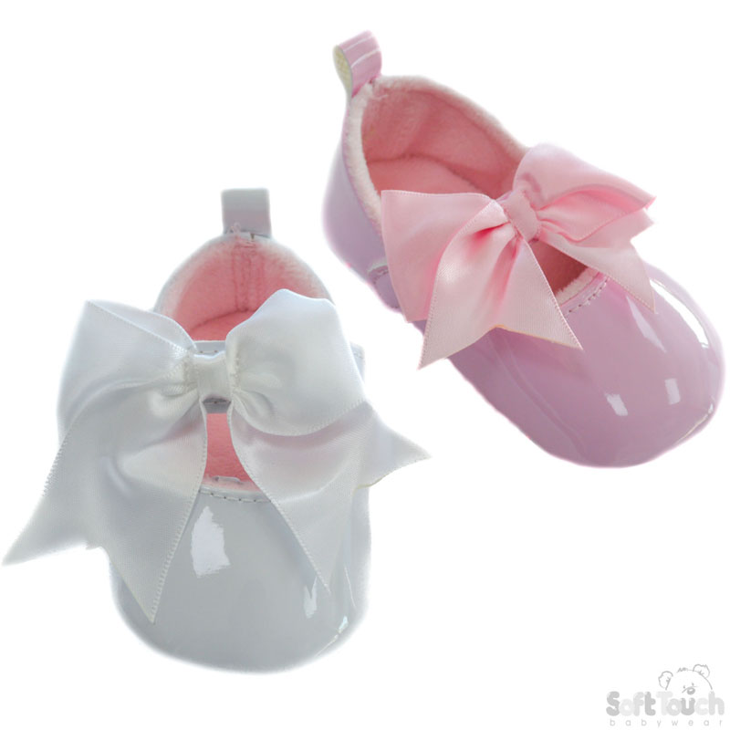 Girls Shiny PU Shoes w/Velcro Strap & Large Satin Bow: B2