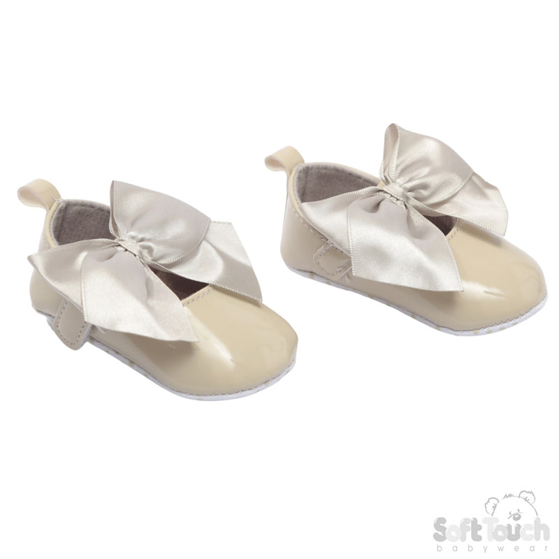 Biscuit Shiny PU Shoes w/Large Satin Bow: B2228-BI