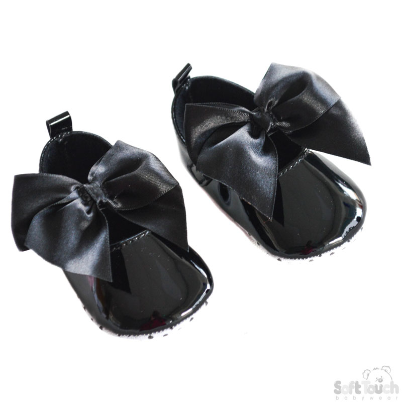 Black Shiny PU Shoes W/Large Satin Bow No.B2228-BLK