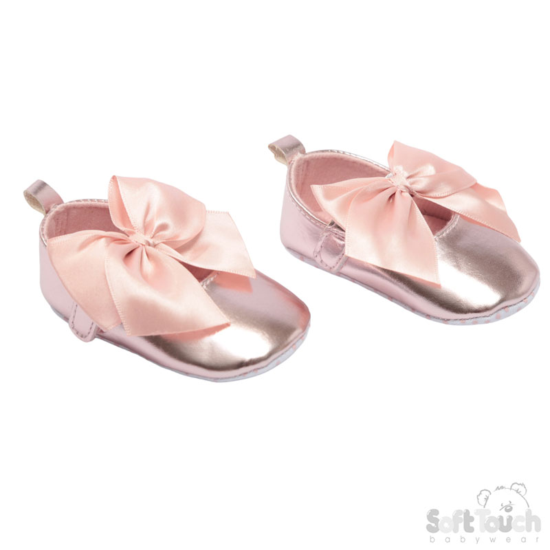 Baby Pink Shiny PU Shoes w/Large Satin Bow: B2228-BP