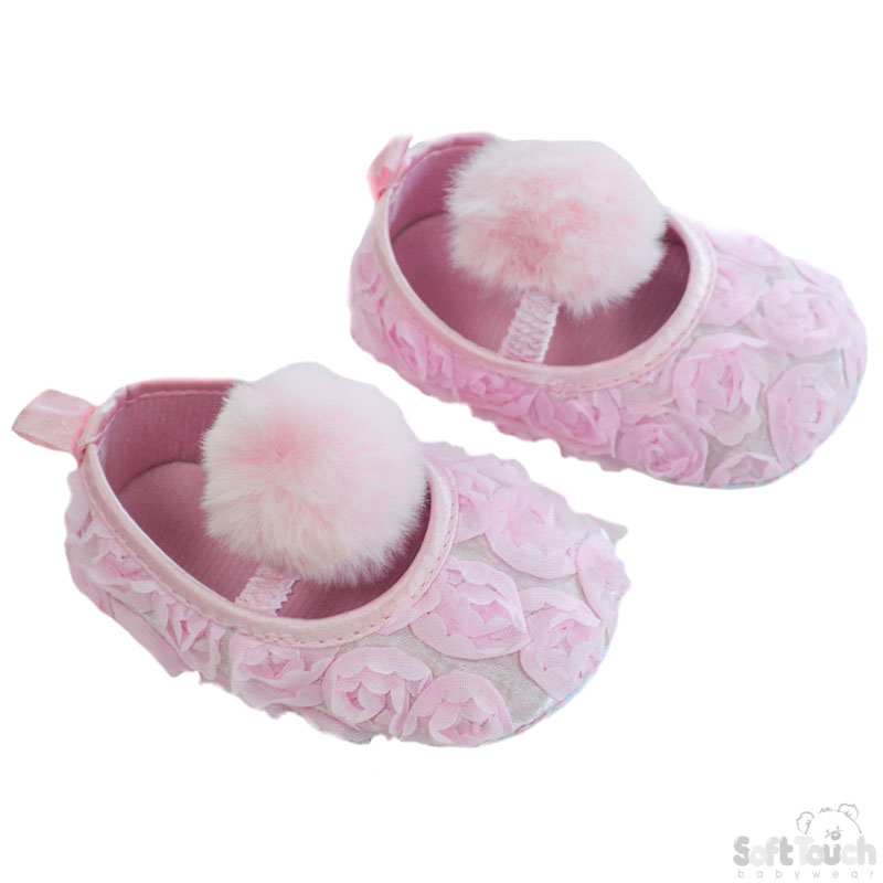 Pink Rose Flower Shoes W/Pom Pom No. B2230-P