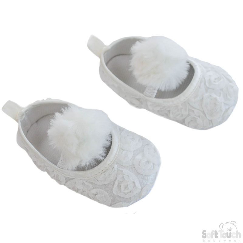 White Rose Flower  Shoes W/ Pom Pom B2230-W