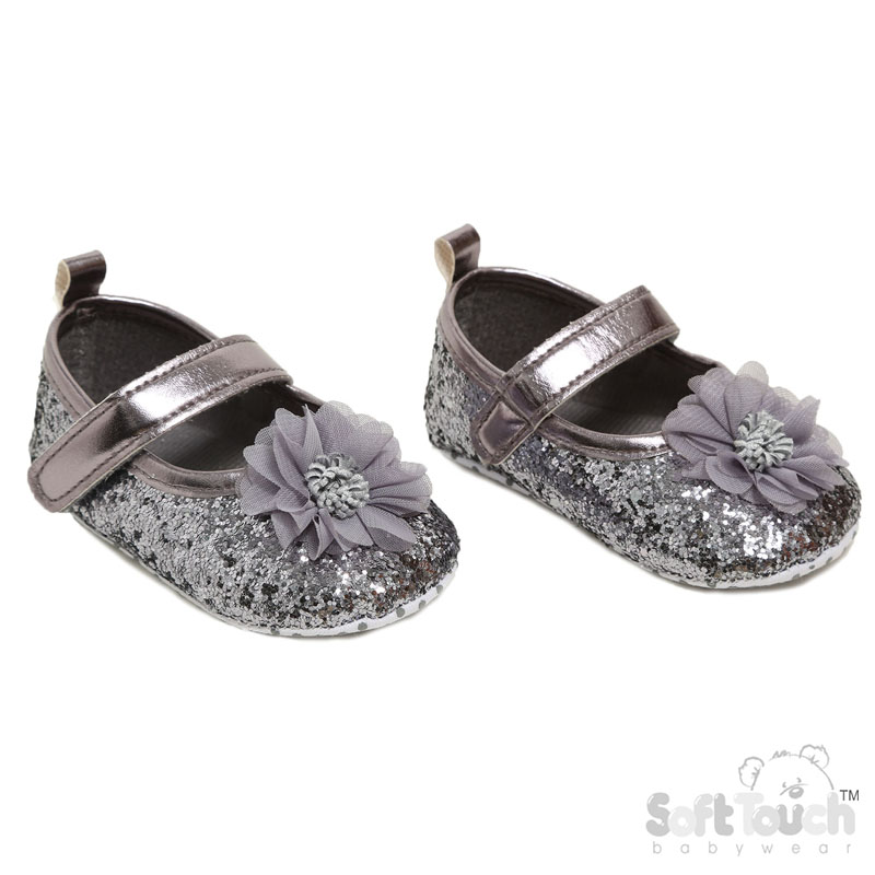 Grey Glitter Shoes W/Flower No. B2268-G