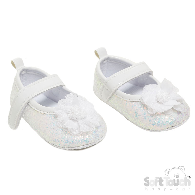 White Glitter Shoes W/Flower No. B2268-W