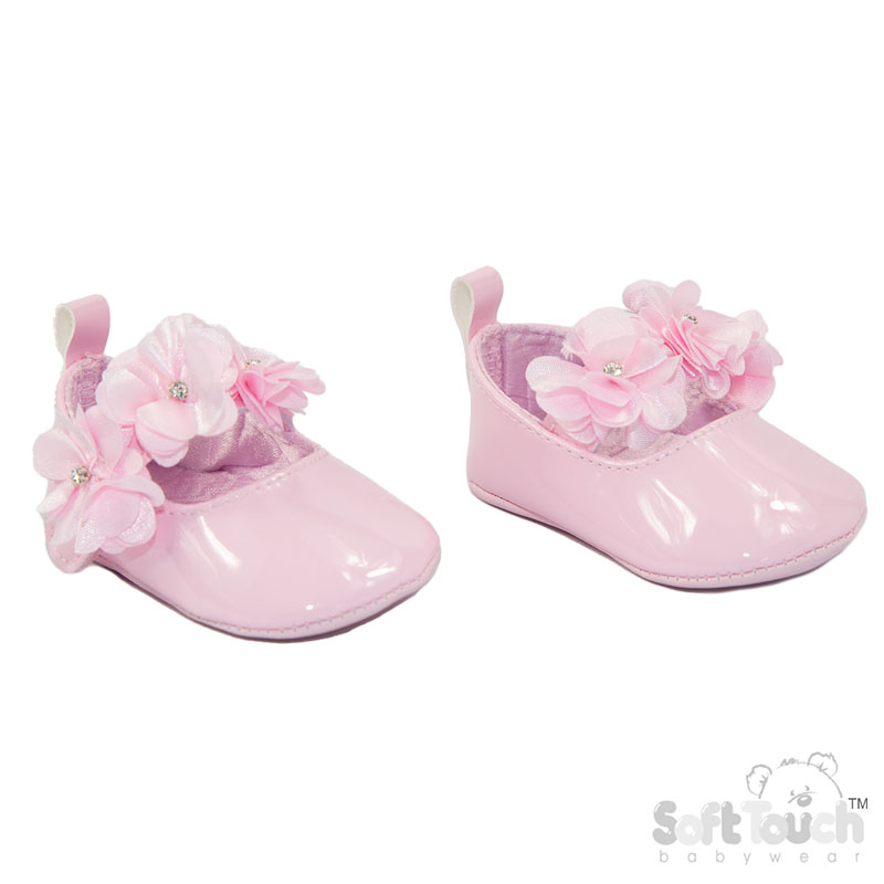 Pink Shiny PU Shoes W/Flowers No. B2272-P