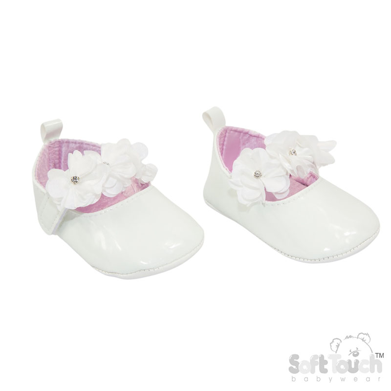 White Shiny PU Shoes W/Flowers No. B2272-W
