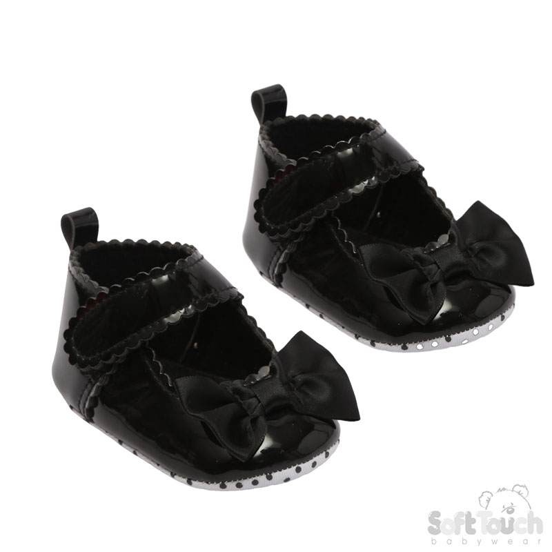 Black Shiny Scallaped PU Shoes w/Satin Bow: B2275-BLK