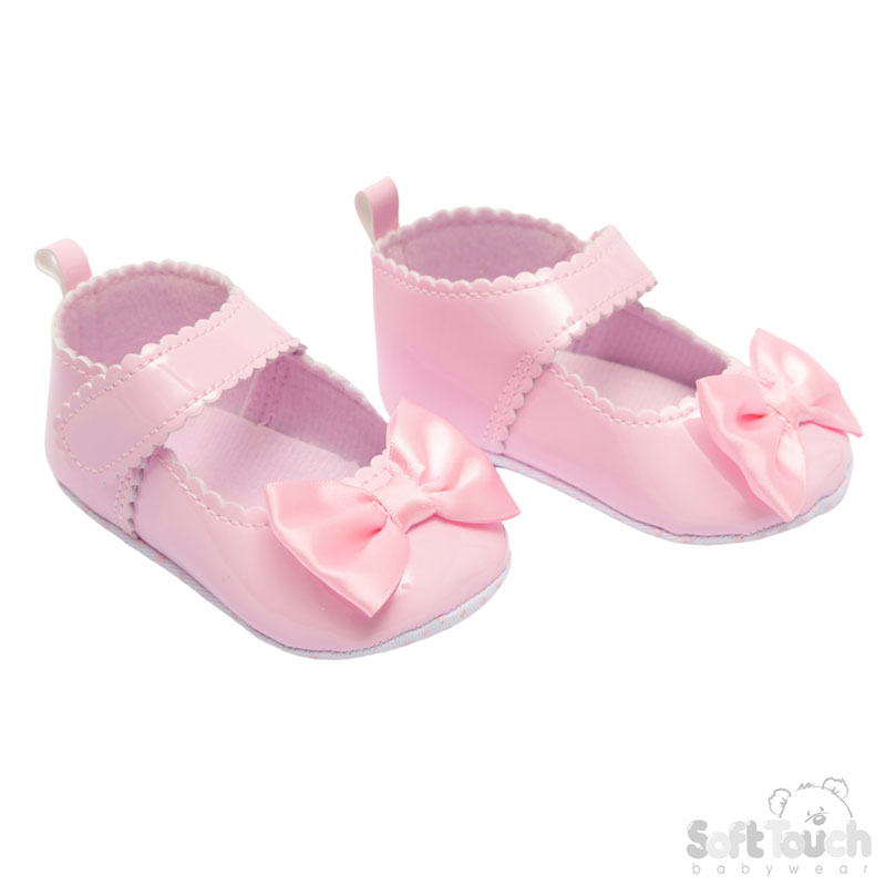 Pink Shiny Scallaped PU Shoes w/Satin Bow: B2275-P
