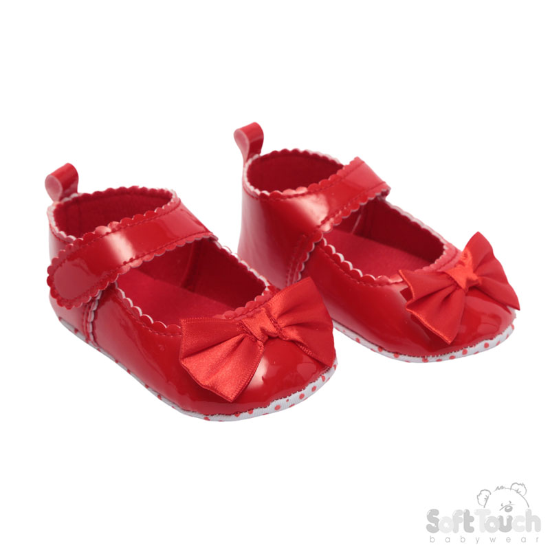 Red Shiny Scallaped PU Shoes w/Satin Bow: B2275-R
