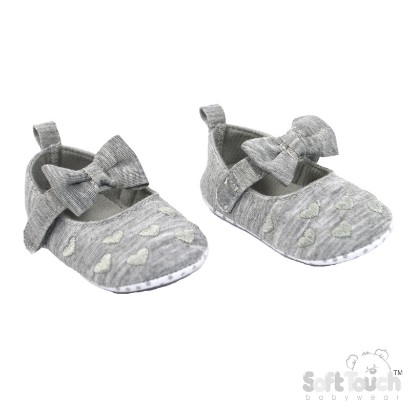Grey Cotton Slip on Shoes with Heart Embroidery and Matching Bow No. B2284-G