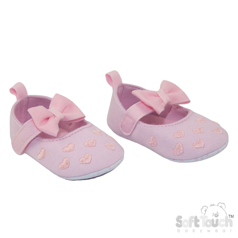 Pink Cotton Slip on Shoes with Heart Embroidery and Matching Bow No. B2284-P