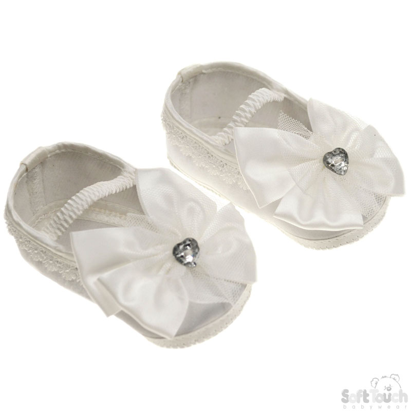 Cream Girls Satin Shoes W/Bow No. B91-C NB/3m