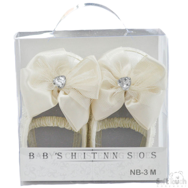 Cream Girls Satin Shoes W/Bow No. B91-C NB/3m