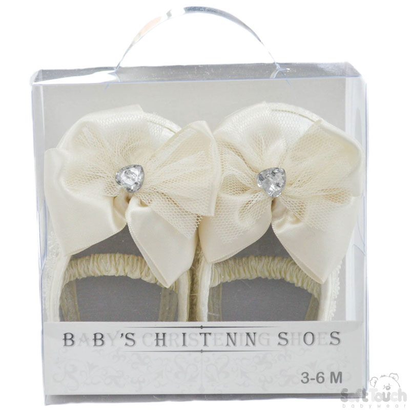 Cream Girls Satin Shoes W/Bow No. B91-C 3/6m