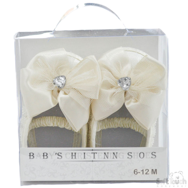 Cream Girls Satin Shoes W/Bow No. B91-C 6/12m