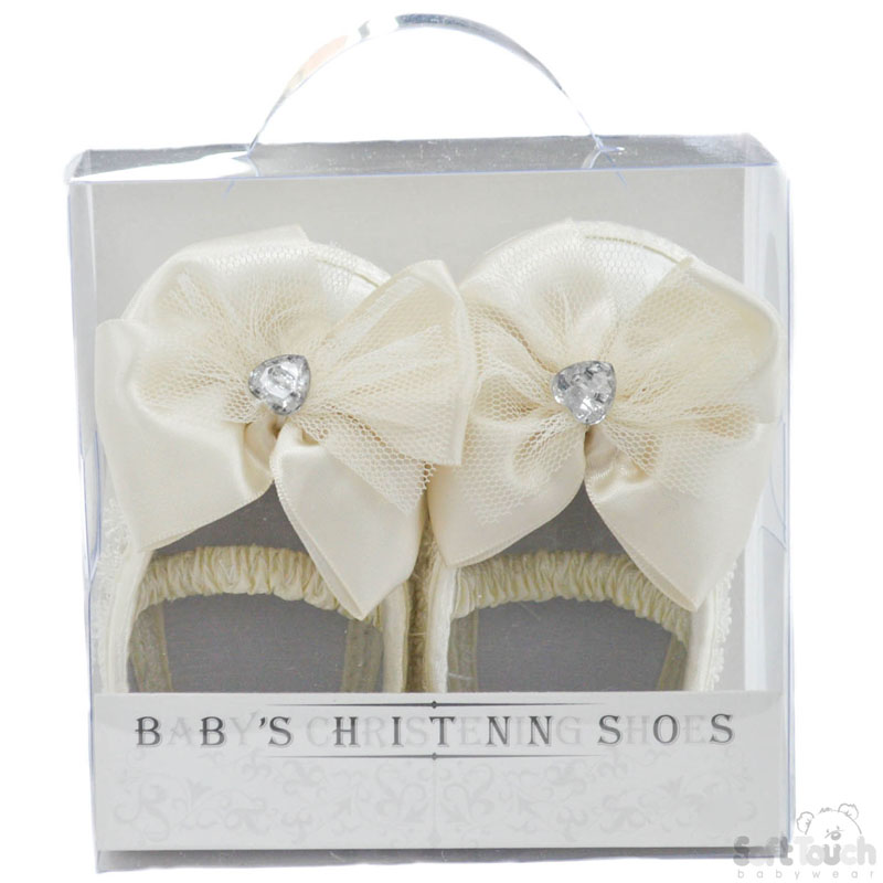 Cream Girls Satin Shoes W/Bow & Heart No. B91-C