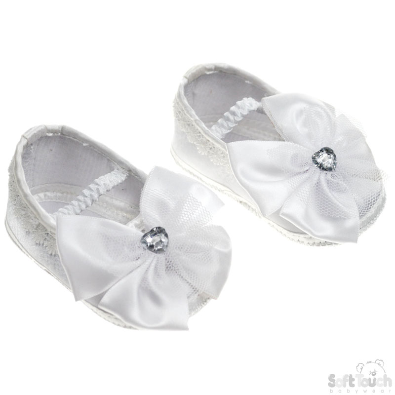 White Girls Satin Shoes W/Bow No. B91-W NB/3