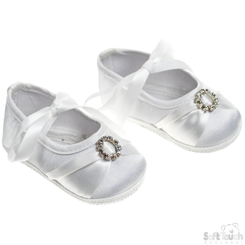 Girls Satin Shoes w/Round Diamonte Hoop & Ribbon Ties: B9