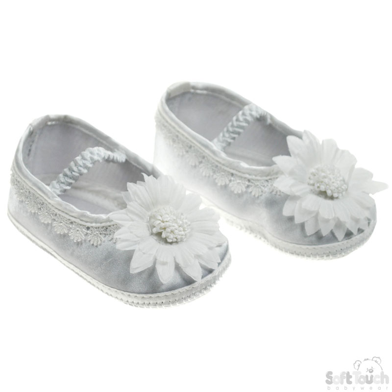 White Girls Satin Shoes W/Flower No. B98-W NB/3m