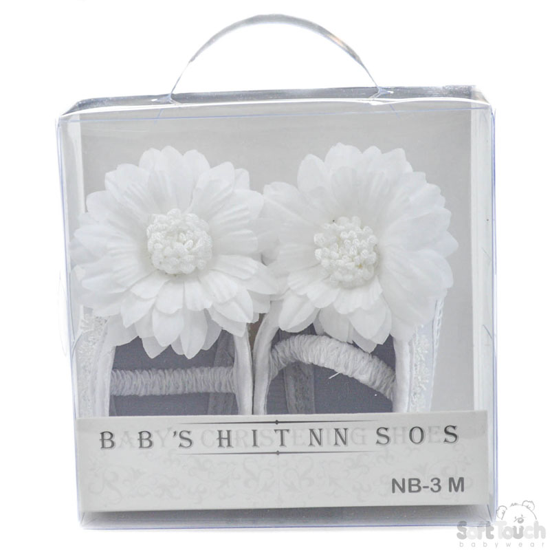 White Girls Satin Shoes W/Flower No. B98-W NB/3m