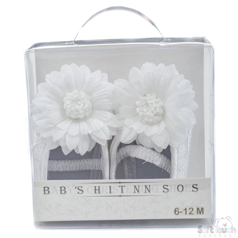 White Girls Satin Shoes W/Flower No. B98-W 6/12m