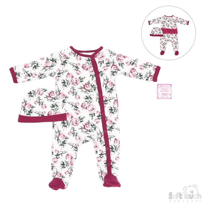 Girls Floral 2 Piece Set - Sleepsuit & Hat : BG128