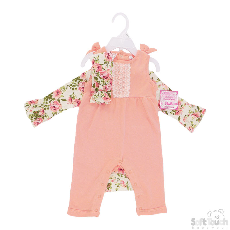 Girls Floral 3 Piece Set - Coverall, Bodysuit & Headband 